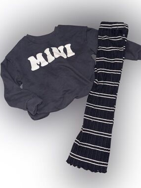 Girls 5t Navy 'MINI' Graphic Sweatshirt with Striped Knit Pants
